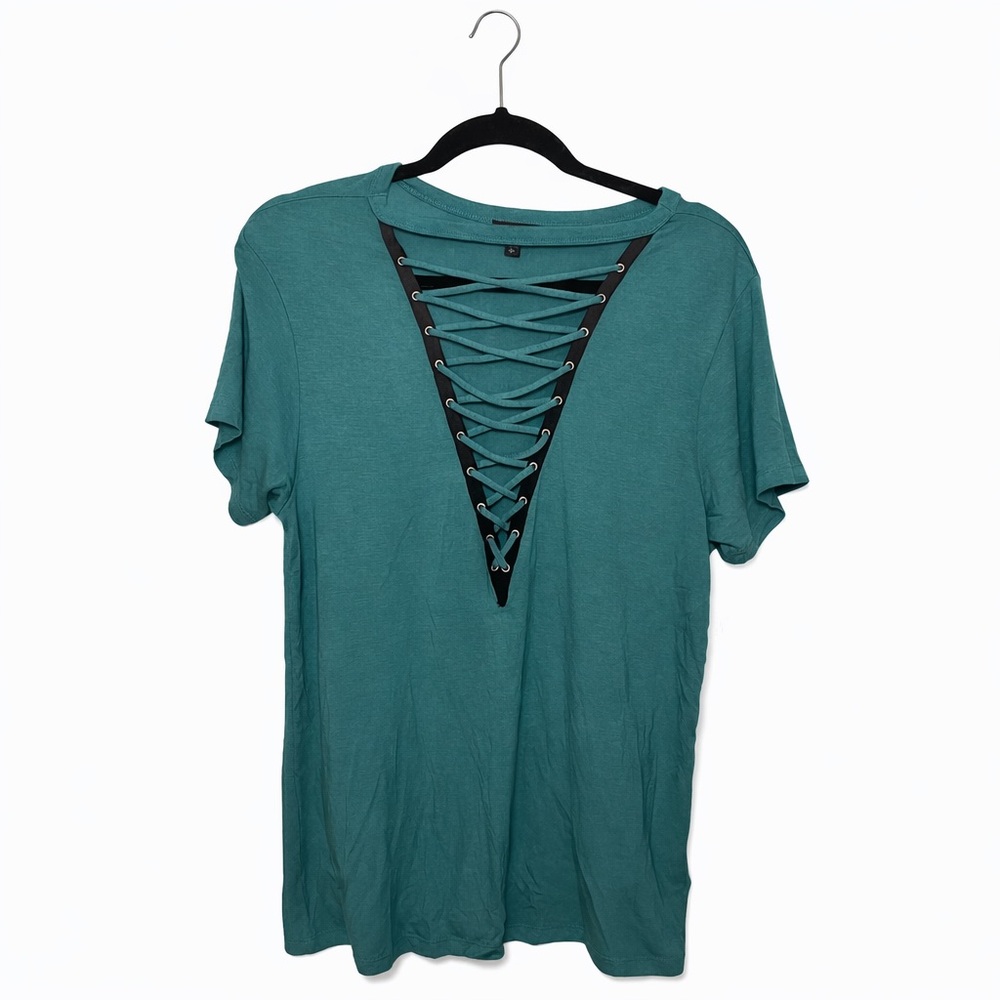 Express Teal Lace Up Top S Choker Neck V Neck Short Sleeve‎ Tee